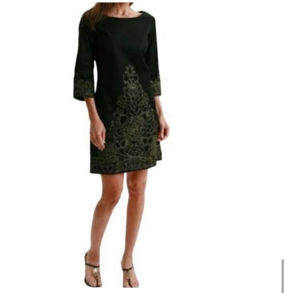Lilly Pulitzer Shauna Tunic Dress Black Gold Embroidered Mini 3/4 Sleeves 2